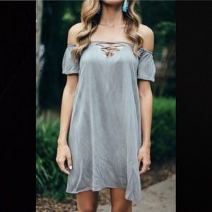 Charcoal Lace Up Off Shoulder Midi Dress